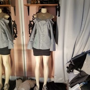 Grey/white off shoulder button up blouse